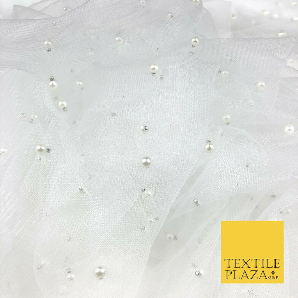 WHITE Studded Pearl Mesh Net Fabric Bridal Soft Sheer Craft Dress 937