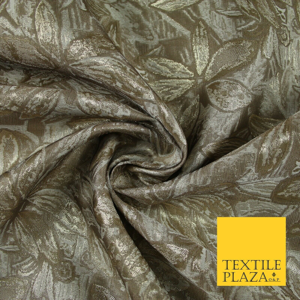 Toasted Beige Gold Vintage Leafy Leaves Metallic Textured Brocade Fabric 7151