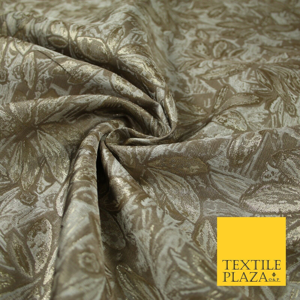 Toasted Beige Gold Vintage Leafy Leaves Metallic Textured Brocade Fabric 7151