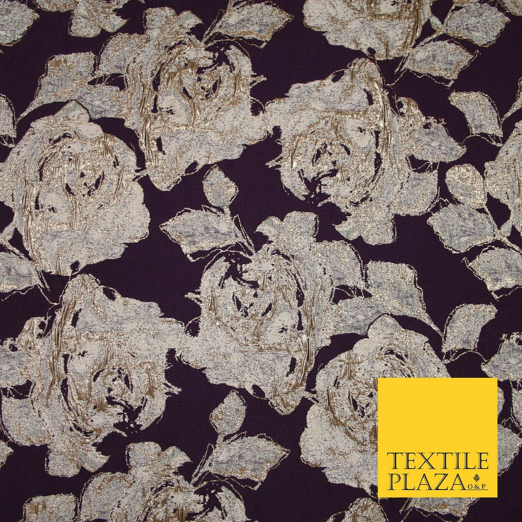 Plum Antique Gold Falling Carnation Floral Metallic Textured Brocade Fabric 7135