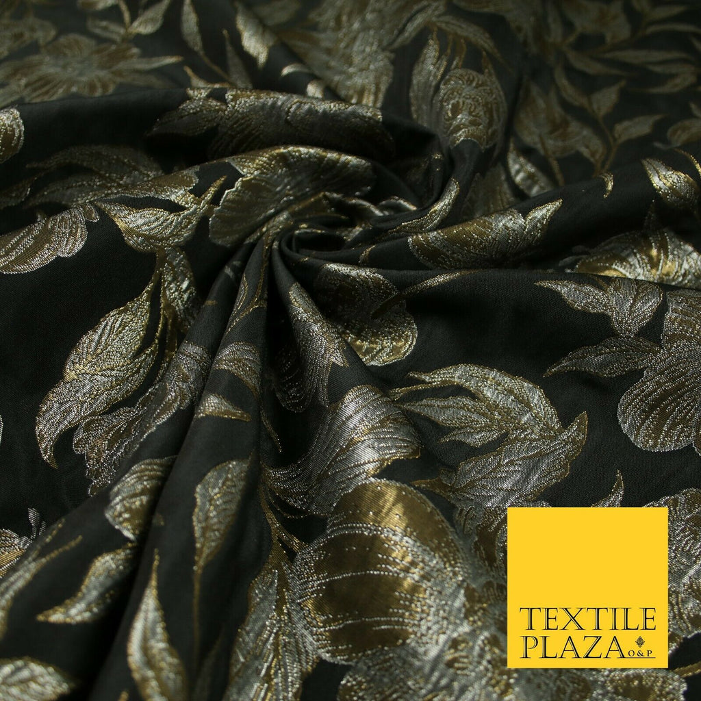 Black Antique Gold Wildflower Thistle Metallic Textured Brocade Fabric 7140