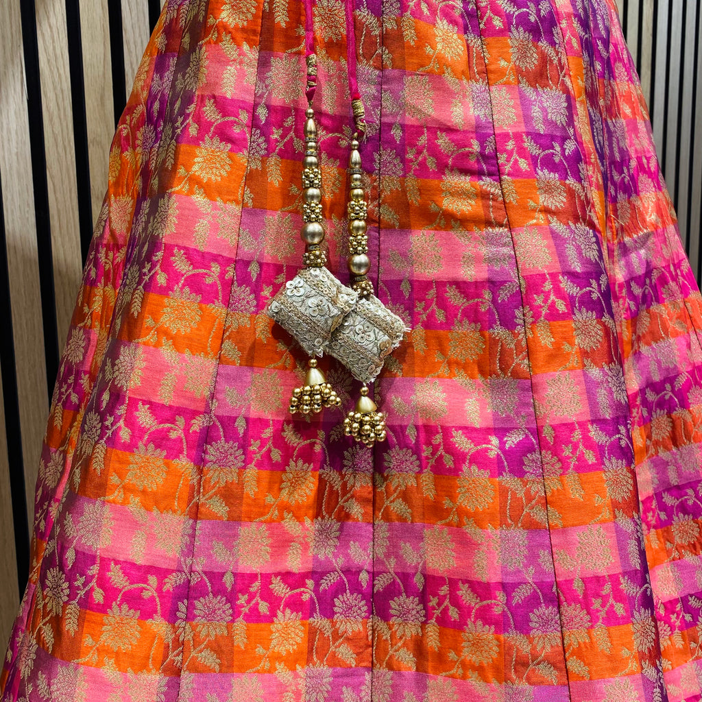 Cerise Pink Orange Multicolour Floral Brocade Lehenga Skirt