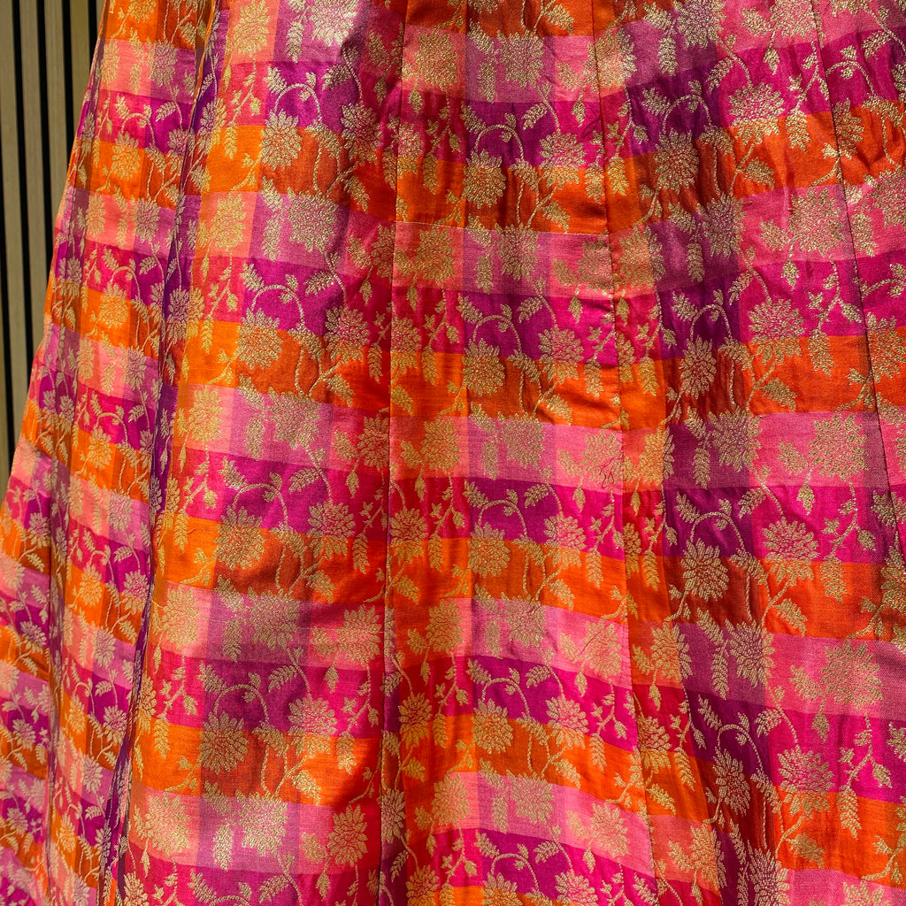 Cerise Pink Orange Multicolour Floral Brocade Lehenga Skirt