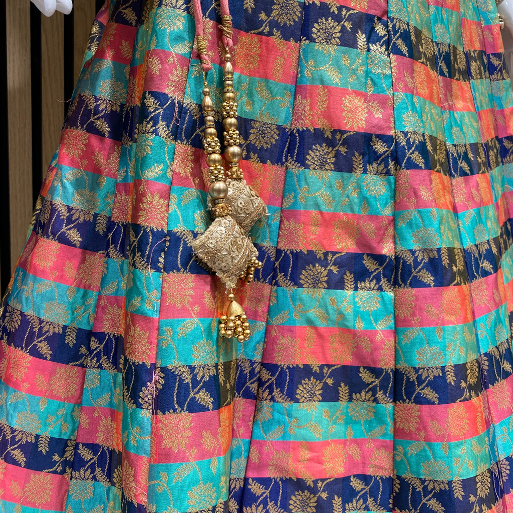 Navy Pink Turquoise Multicolour Striped Floral Brocade Lehenga Skirt