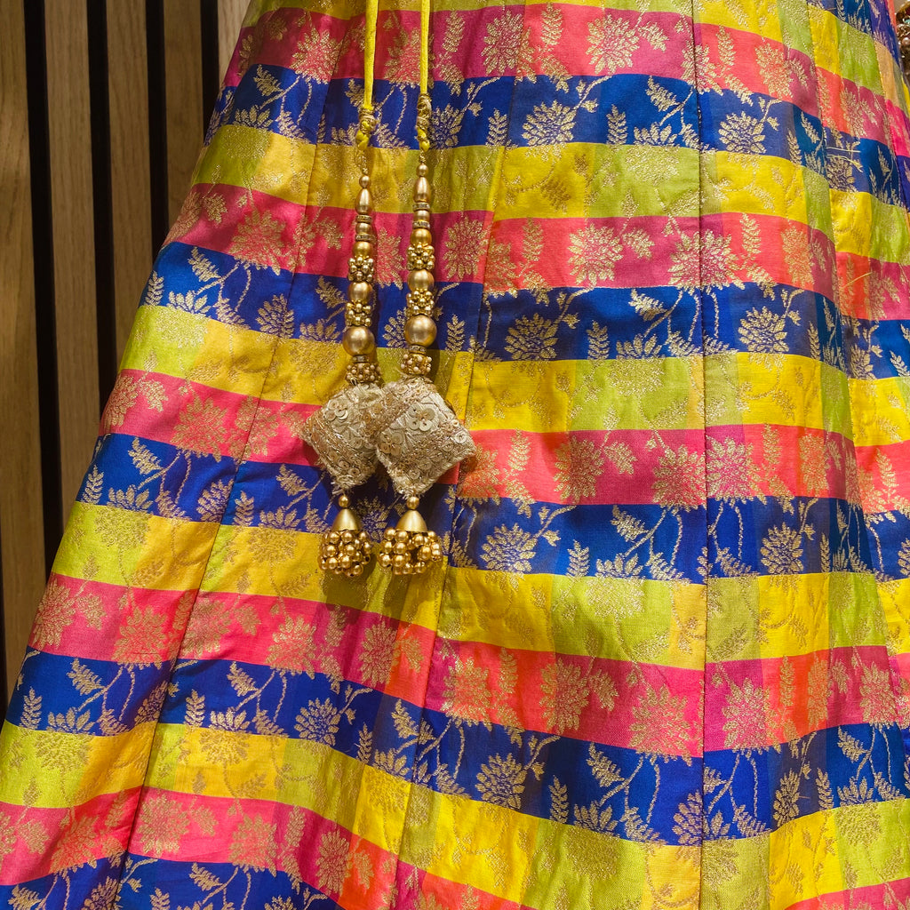 Yellow Navy Pink Multicolour Striped Floral Brocade Lehenga Skirt