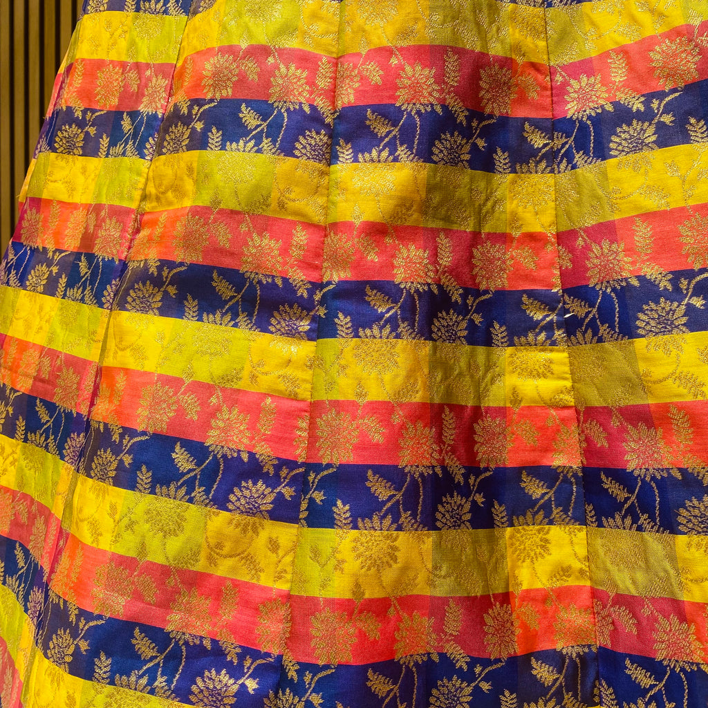 Yellow Navy Pink Multicolour Striped Floral Brocade Lehenga Skirt