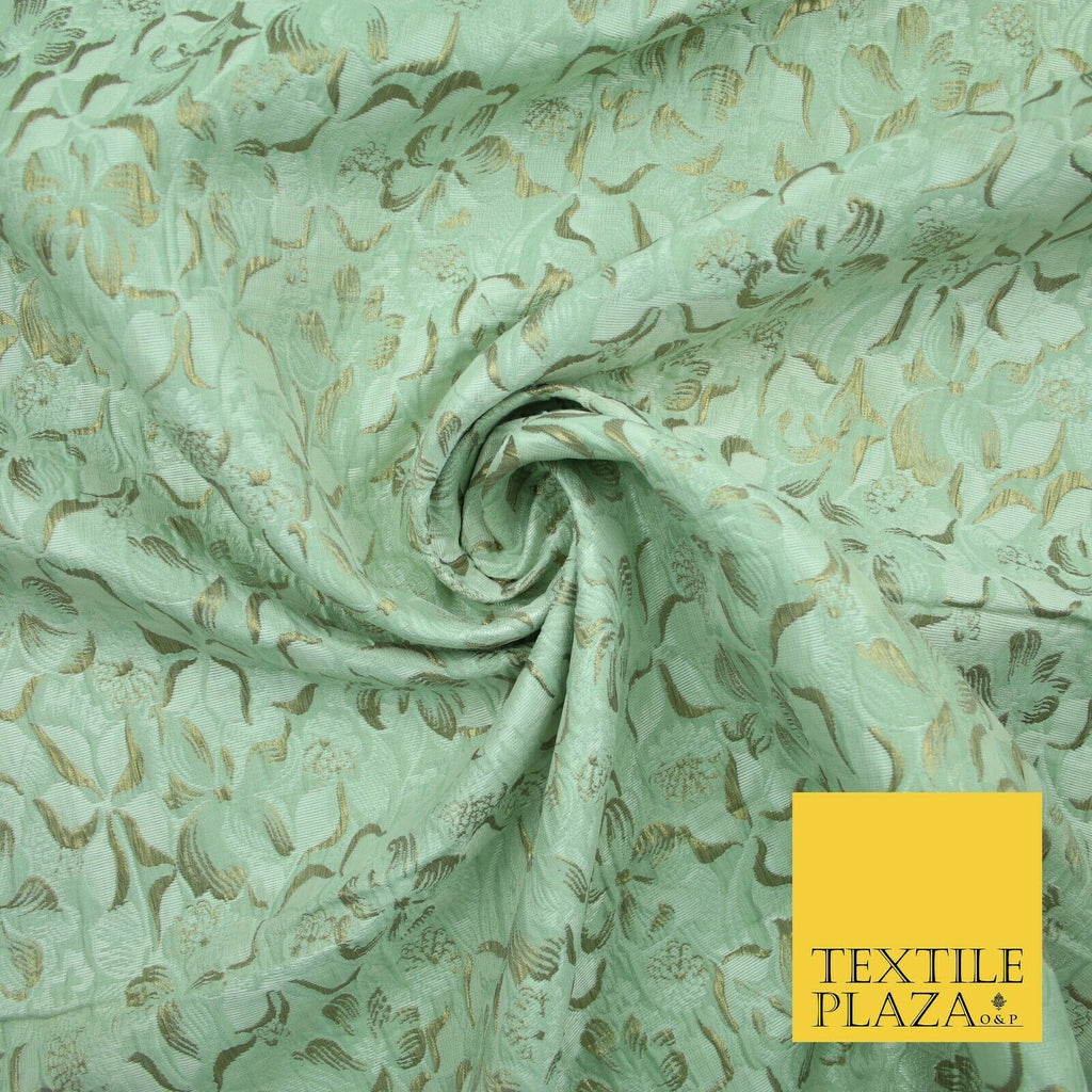 LIGHT MINT GREEN Metallic Gold Pansy Textured Brocade Jacquard Dress Fabric 2843