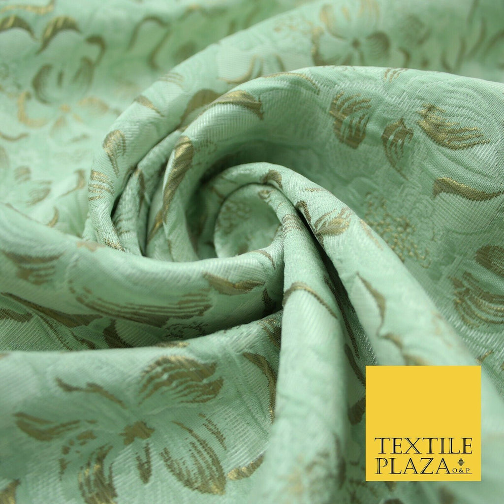 LIGHT MINT GREEN Metallic Gold Pansy Textured Brocade Jacquard Dress Fabric 2843