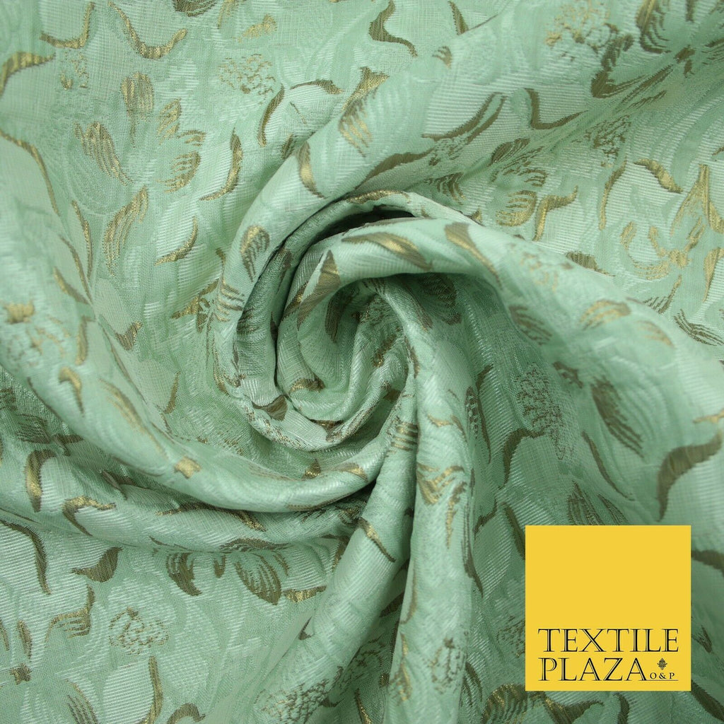 LIGHT MINT GREEN Metallic Gold Pansy Textured Brocade Jacquard Dress Fabric 2843