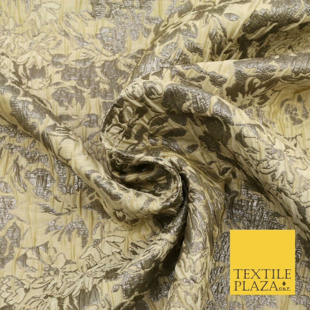 LEMON Floral Bloom Metallic Creased Brocade Jacquard Dress Fabric Craft 1551