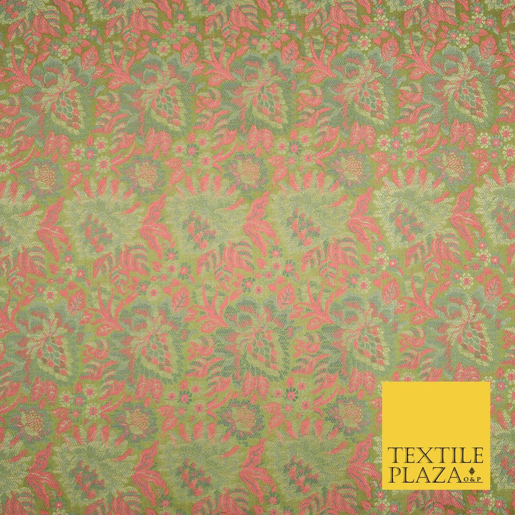 Green Pink Luxury Floral PURE Benarsi Brocade Woven Fine Dress Fabric Fancy 1759