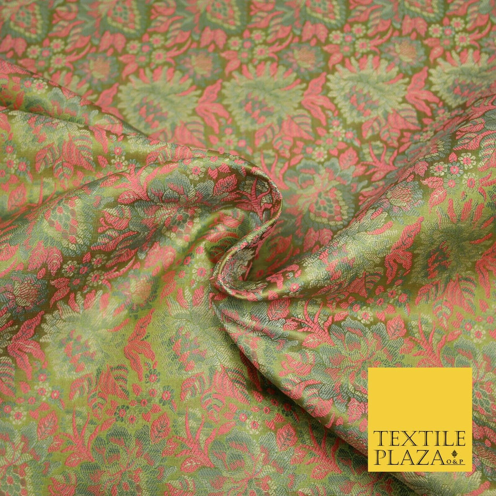 Green Pink Luxury Floral PURE Benarsi Brocade Woven Fine Dress Fabric Fancy 1759