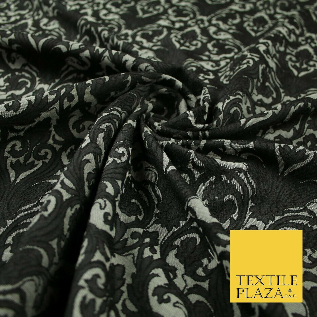 Charcoal Grey Black Large Damask Textured Brocade Jacquard Dress Fabric 6849